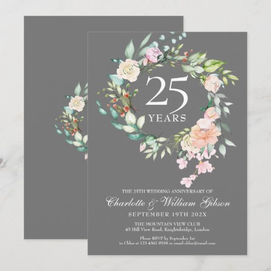 銀のバラの花の25回目 結婚記念日 招待状 (正面/裏面)