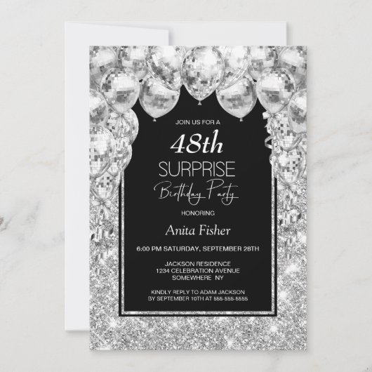 銀のバルーン任意の年齢のサプライズ誕生日パーティー 招待状 (正面)