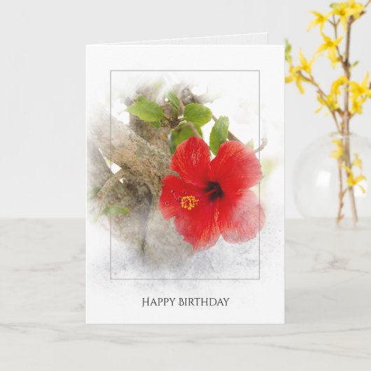 銀のフレームの誕生日の赤いハイビスカスの花 カード (黄色い花)
