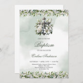 銀のフローラエレガントは白いライリーのバプテスマ 招待状 (正面/裏面)