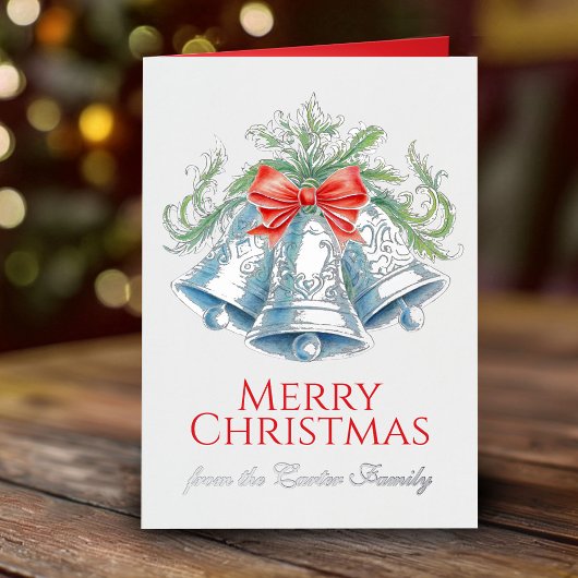 銀のベルと赤いリボンの水彩クリスマス 箔グリーティングカード