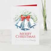 銀のベルと赤いリボンの水彩クリスマス 箔グリーティングカード (正面)
