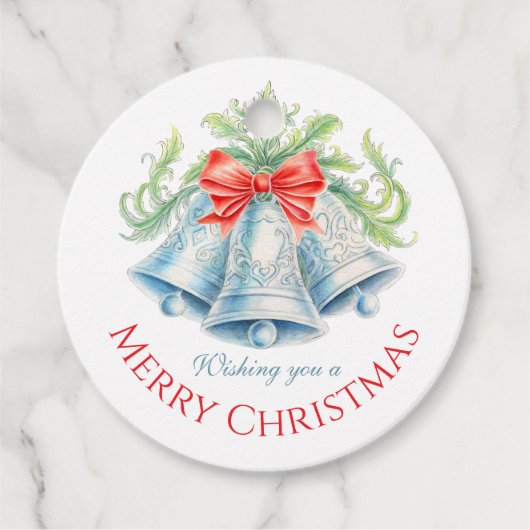 銀のベル 水彩 緑 赤 リボン クリスマス フェイバータグ (正面)