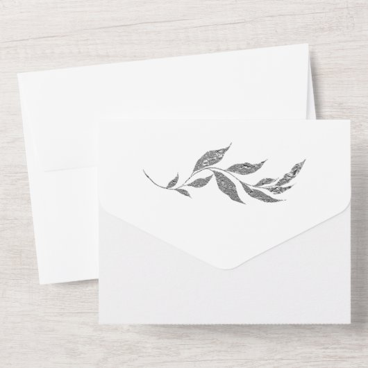 銀のメタリックシンプルな結婚葉の木の葉 オールインワン招待状 (裏面)