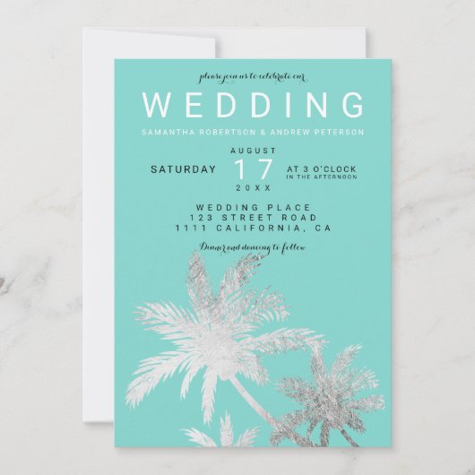 銀のモダンヤシの木のティール(緑がかった色)エレガントな結婚式 招待状 (正面)