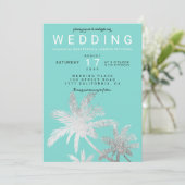 銀のモダンヤシの木のティール(緑がかった色)エレガントな結婚式 招待状 (スタンド正面)