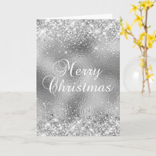 銀のラメとガラス箔 メリークリスマス カード (黄色い花)