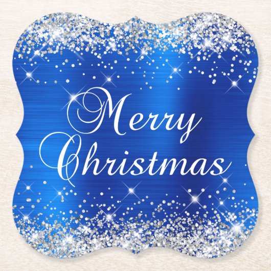 銀のラメ入りブルーホイル メリークリスマス ペーパーコースター (正面)