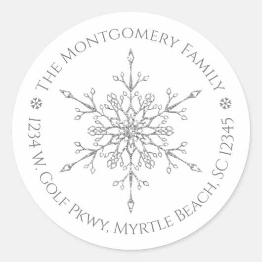 銀のラメ入り雪の結晶 高級感のあるクリスマス ホリデー ラウンドシール (正面)