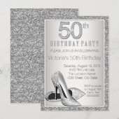 銀のラメ ハイヒール シューズ 50歳の誕生日 招待状 (正面/裏面)