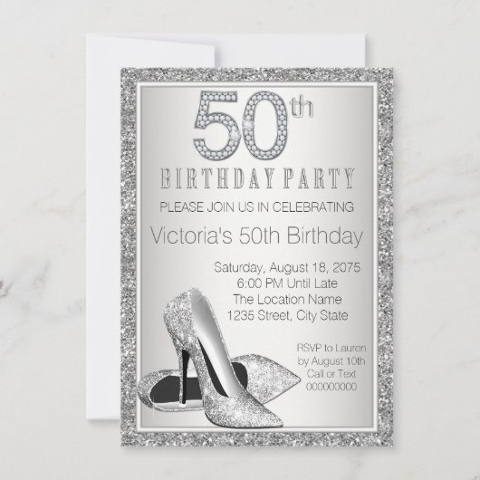 銀のラメ ハイヒール シューズ 50歳の誕生日 招待状 (正面)