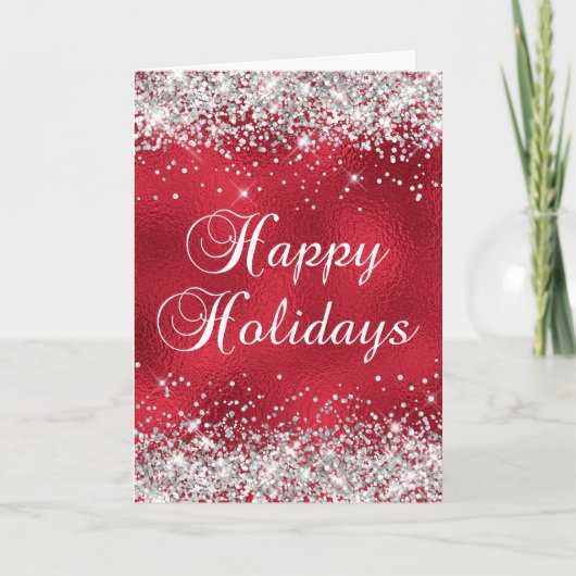 銀のラメ 赤いガラス ホイル Happy Holidays カード (正面)
