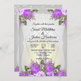 銀のランタンと紫の花のウェディング 招待状