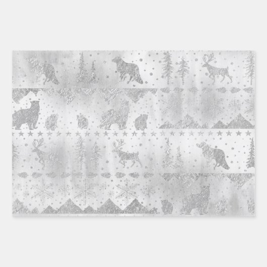 銀の上に北欧のセーター銀の冬の動物 ラッピングペーパーシート (正面3)