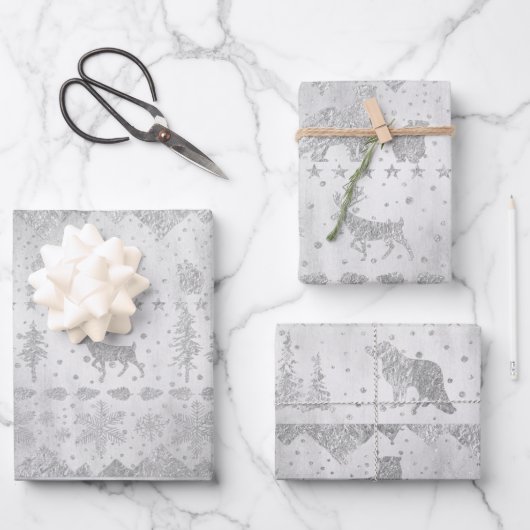 銀の上に北欧のセーター銀の冬の動物 ラッピングペーパーシート (正面)