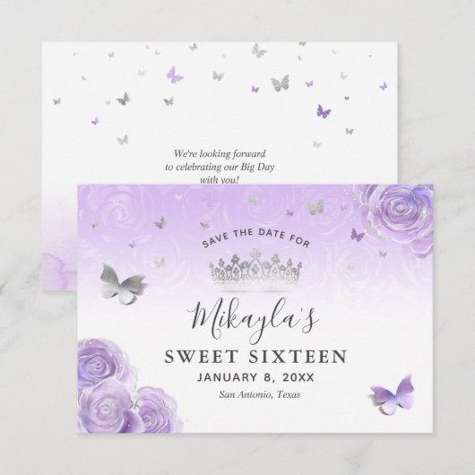 銀の光を帯びた紫のローズ・エレガント セーブザデート (正面/裏面)