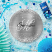 銀の光ガーリーフェイク輝のフォイルのモノグラム ペーパープレート (パーティー)