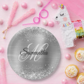 銀の光ガーリーフェイク輝のフォイルのモノグラム ペーパープレート (パーティー)