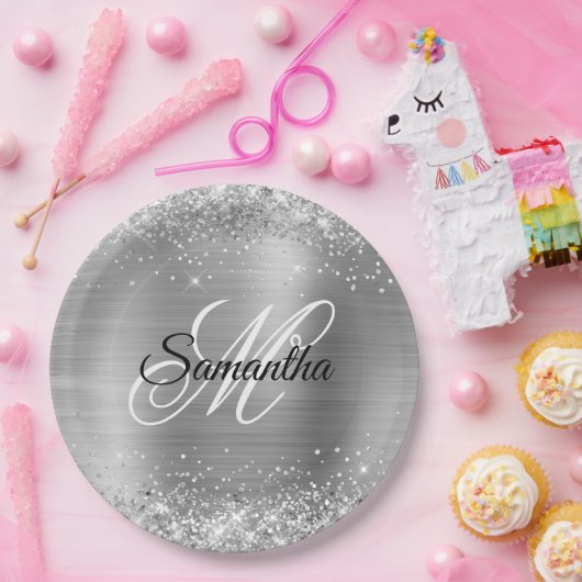 銀の光ガーリーフェイク輝のフォイルのモノグラム ペーパープレート (パーティー)