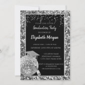 銀の卒業帽, ディスコボール, ワイン, グリッター 招待状 (正面)