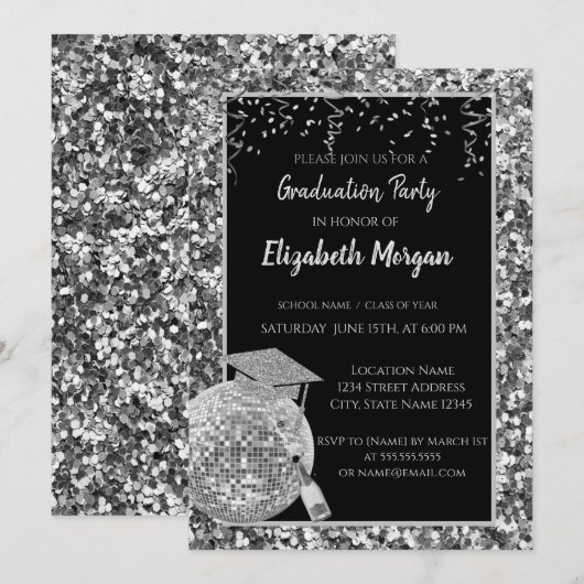 銀の卒業帽, ディスコボール, ワイン, グリッター 招待状 (正面/裏面)
