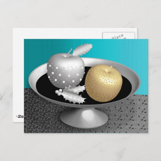 銀の台座の上の金ゴールドと銀のリンゴ ポストカード (正面/裏面)