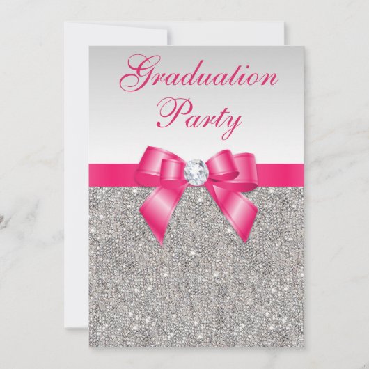 銀の宝石,ホットピンクのボウガールズ卒業パーティー 招待状 (正面)