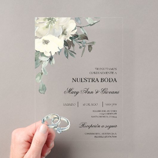 銀の指輪と白い花 スペイン風結婚式 アクリル招待状 (インサイチュ (ポータブル))