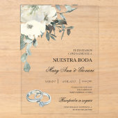 銀の指輪と白い花 スペイン風結婚式 アクリル招待状 (正面)