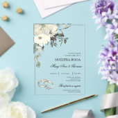 銀の指輪と白い花 スペイン風結婚式 アクリル招待状 (インサイチュ (ウェディング))