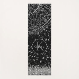 銀の星を黒に浮かべて魅惑的なマンダラ ヨガマット