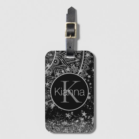 銀の星付きシルバーロータスマンダラのモノグラム ラゲッジタグ (正面縦)