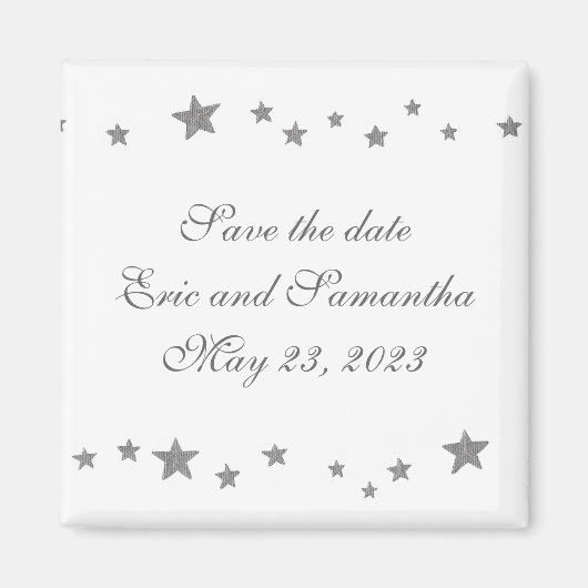 銀の星縁ど、日付の磁結婚石を保存 マグネット (正面)