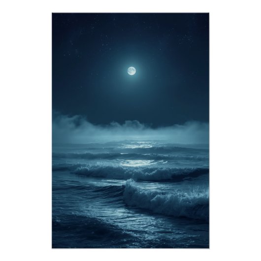 銀の月明かり – 星空の下の映画のような海の風景 ポスター (正面)