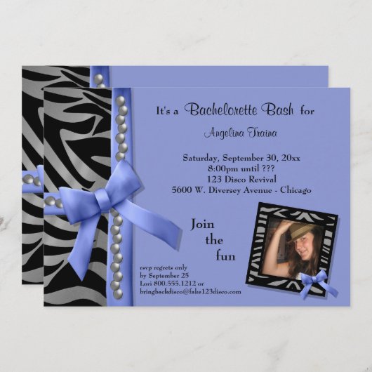 銀の真珠とゼブラの縞のある紫の弓 招待状 (正面/裏面)