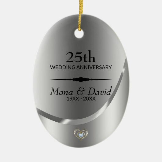 銀の背景と黒の仕切り セラミックオーナメント (正面)