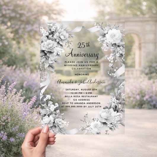 銀の花とフロストガラスの結婚25周年記念 アクリル招待状