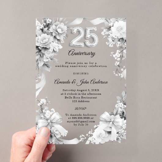 銀の花とリボンの25周年記念結婚式 アクリル招待状 (インサイチュ (ポータブル))