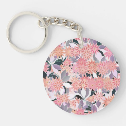 銀の花の背景にピンクの葉花 キーホルダー (正面)