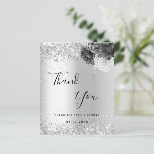 銀の花模様は輝くエレガントサンキューカード (スタンド正面)
