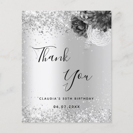 銀の花模様は輝くエレガントサンキューカード (正面)