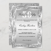 銀の花模様華美素晴らしい50 招待状 (正面/裏面)