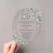 銀の草花の25回目の結婚記念日のクリアデザイン アクリル招待状 (インサイチュ (ポータブル))