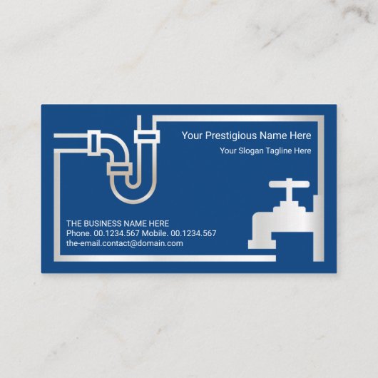 銀の蛇口、パイプ、青の洪水、水道配管 名刺 (裏面)