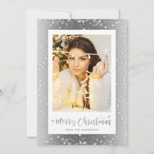 銀の輝エレガントく雪の写真のクリスマスカード シーズンカード (正面)