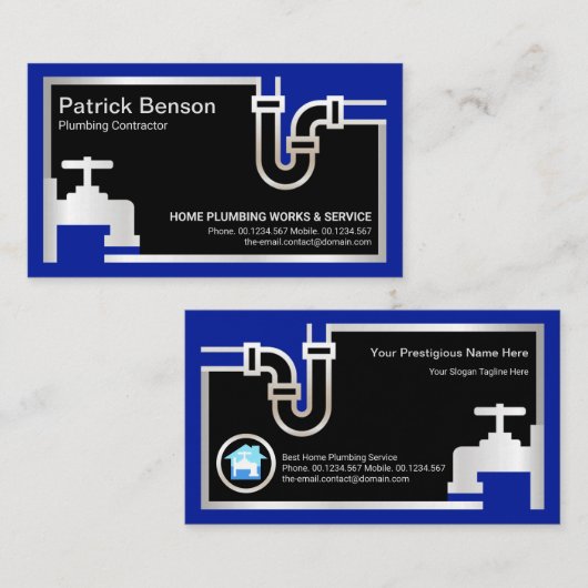 銀の配管、青い洪水の水が上昇中の配管工 名刺 (正面/裏面)