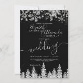 銀の雪の松の黒いクリスマスの冬の結婚式 招待状 (正面)