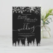 銀の雪の松の黒いクリスマスの冬の結婚式 招待状 (スタンド正面)