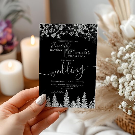 銀の雪の松の黒いクリスマスの冬の結婚式 招待状