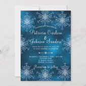 銀の雪の結晶 ラスティック ネイビーブルー 冬のウェディング 招待状 (正面)